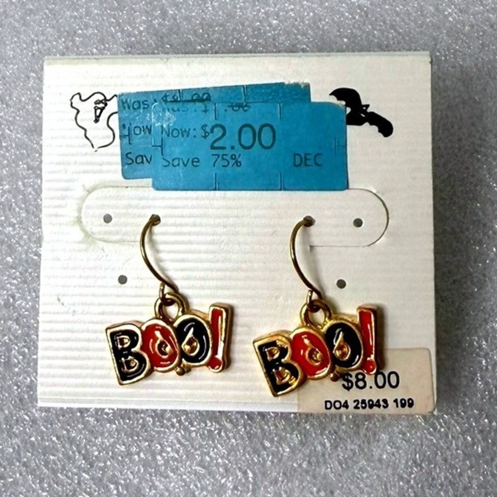 Halloween Boo Ghost Dangle Earrings Orange Black Enamel Gold Tone New